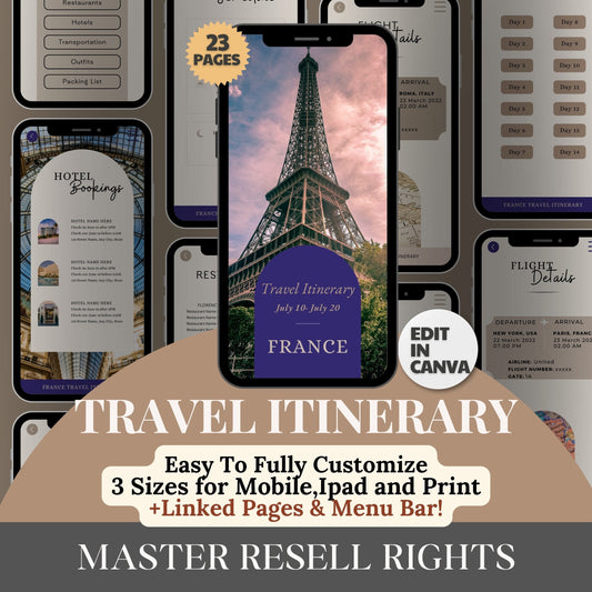 PLR Travel Itinerary Planner Canva Template- DFY Digital Product