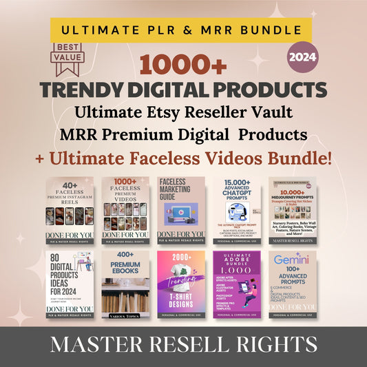 Digitale PLR-Produkte mit Master-Resell-Rechten zum Verkauf auf Etsy, MRR Done For You Faceless Reels ChatGpt Midjourney Ai Prompts PLR Planner