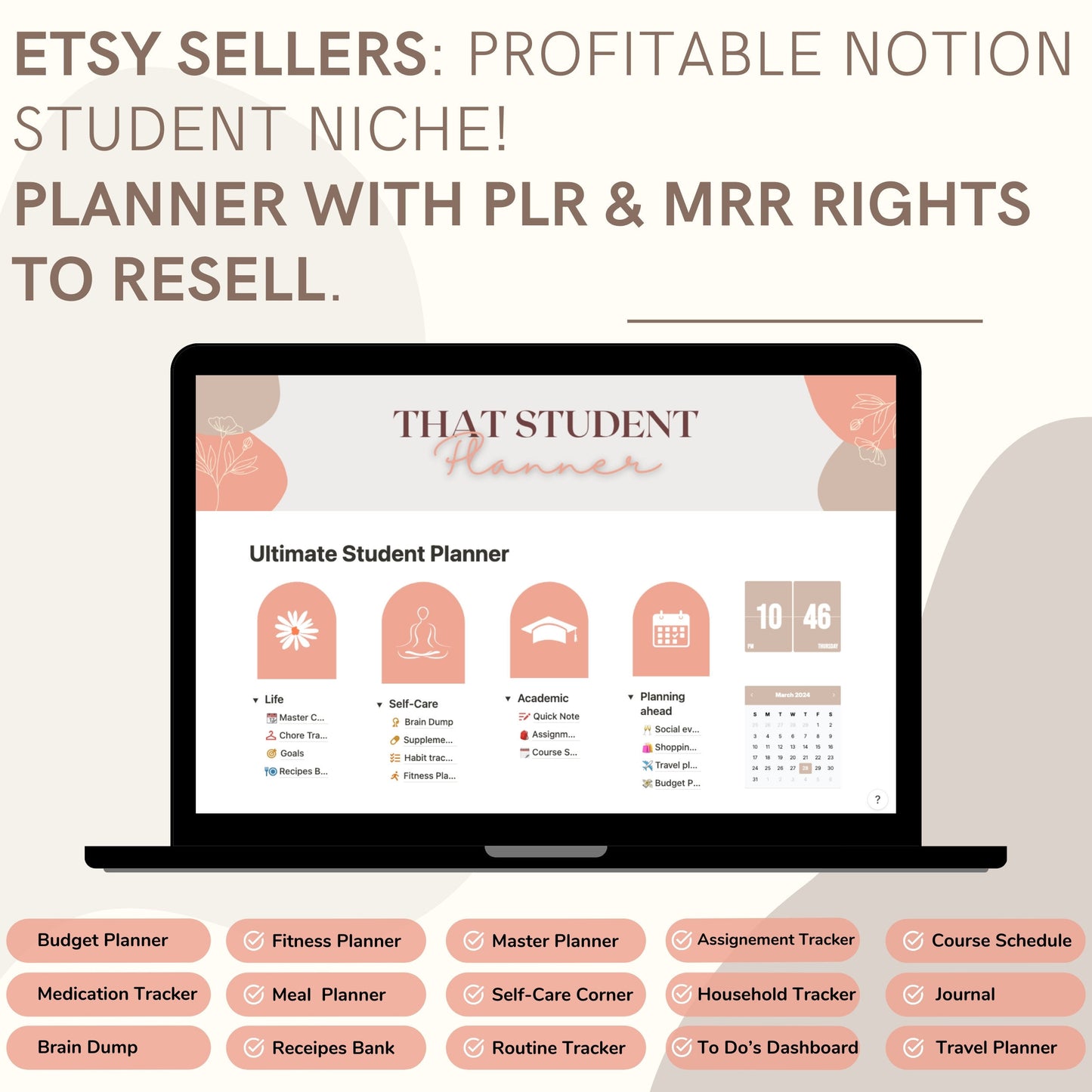PLR Notion Student Planner Master Resell Rights MRR Notion Life Planner Etsy-Verkäufer PLR Digitale Produkte zum Verkauf auf Etsy Notion-Vorlage
