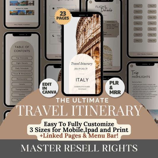 Reiseplaner-Vorlage, Master-Resell-Rechte, MRR-Reiseplaner-Canva-Vorlage, Reisetagebuch für Sie erstellt, PLR-Digitalprodukte