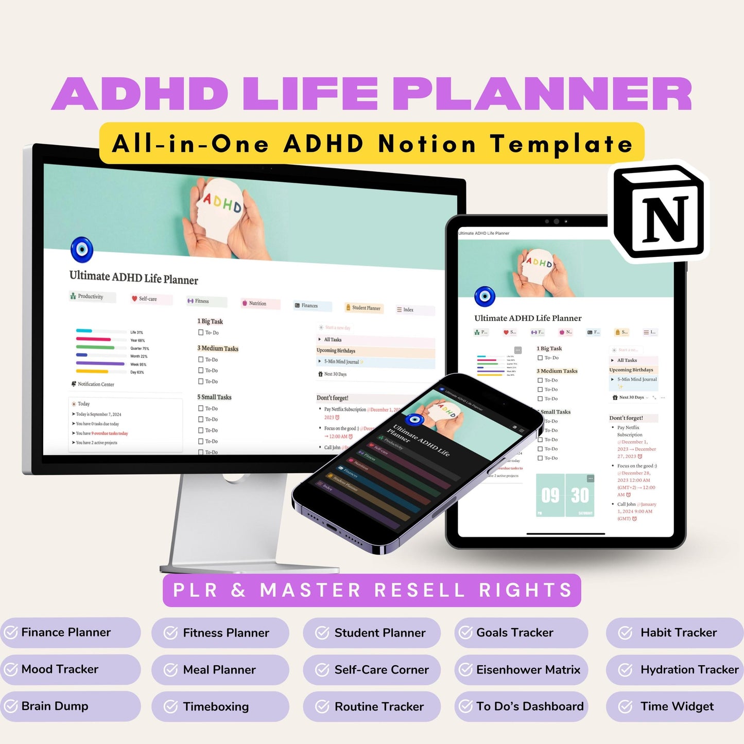 ADHD Notion Template ADHD Life Planner Master Resell Rights