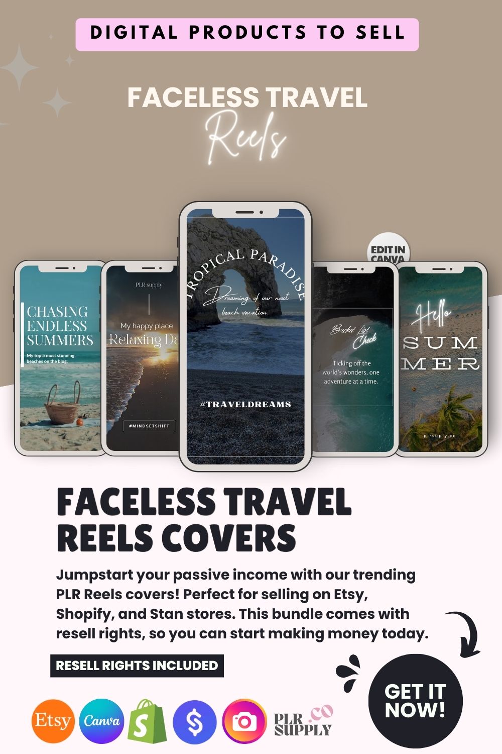 Faceless Travel Instagram Reels PLR Templates Resell with Rights- DFY Digital Product